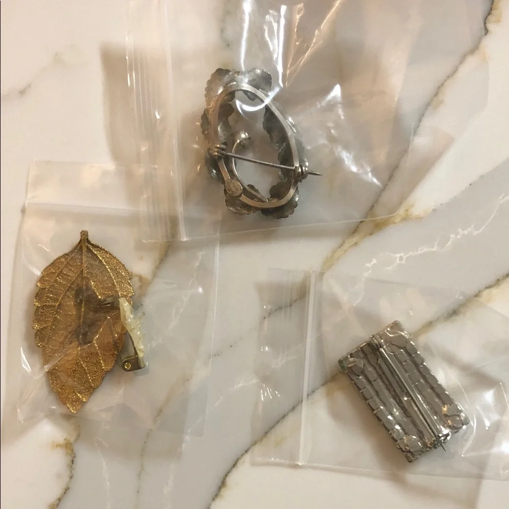 Gold Leaf and Crystal, and Sterling Silver Pin Brooches Women’s 3-piece Set